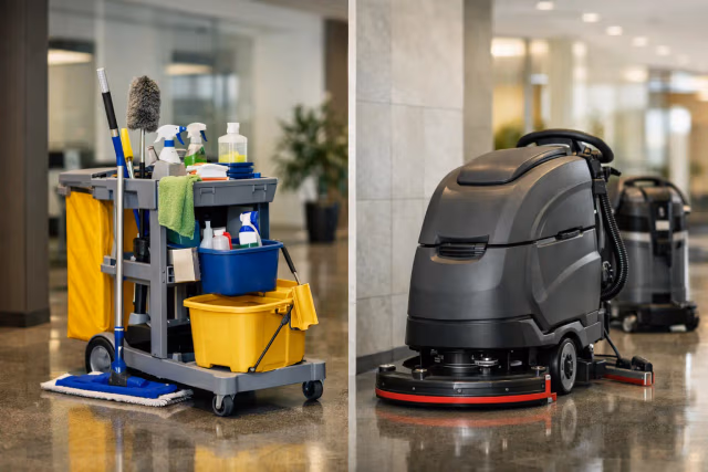 Cleaning cart and automatic floor scrubber in a commercial interior